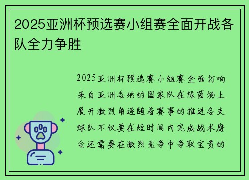 2025亚洲杯预选赛小组赛全面开战各队全力争胜