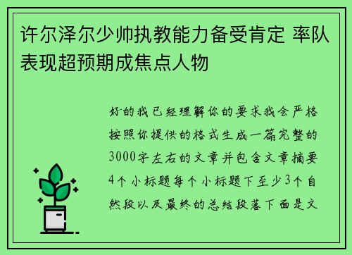 许尔泽尔少帅执教能力备受肯定 率队表现超预期成焦点人物